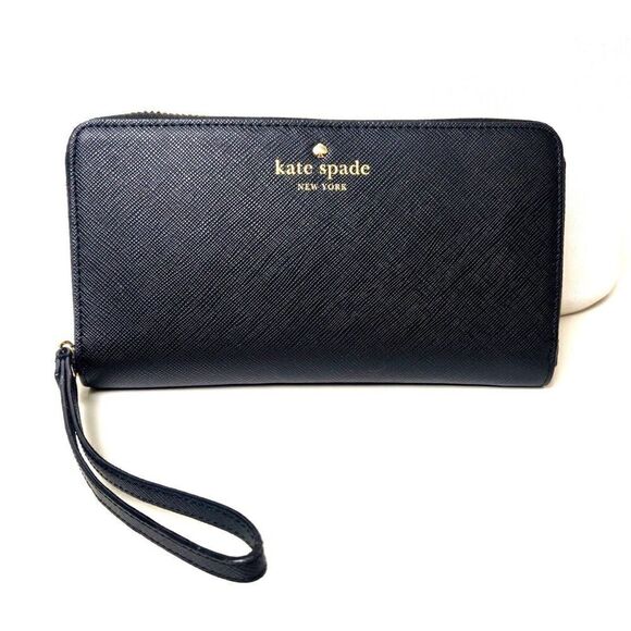 KATE SPADE NY BLACK SAFFIANO GENUINE LEATHER LOGO ZIP AROUND CARD WALLET CLUTCH - Picture 3 of 9